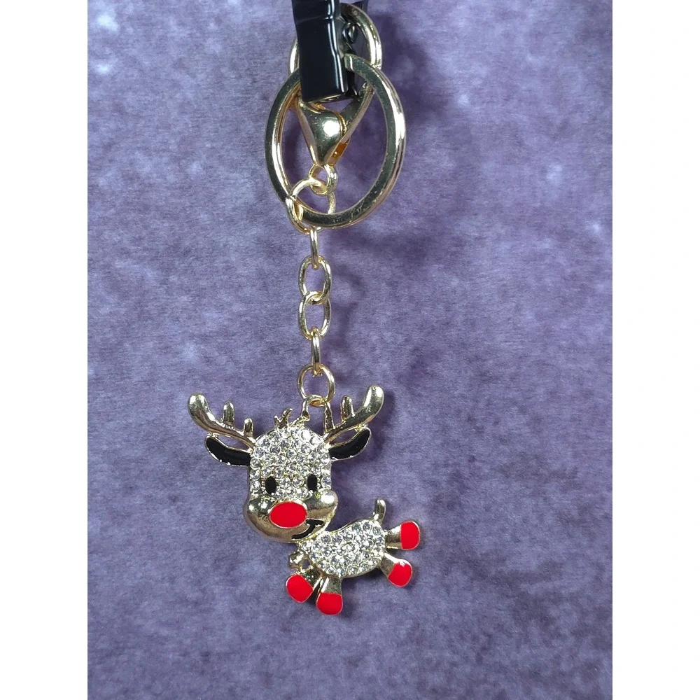 Sparkling Rhinestone Reindeer Keychain Gold Tone Christmas Gift Accessory